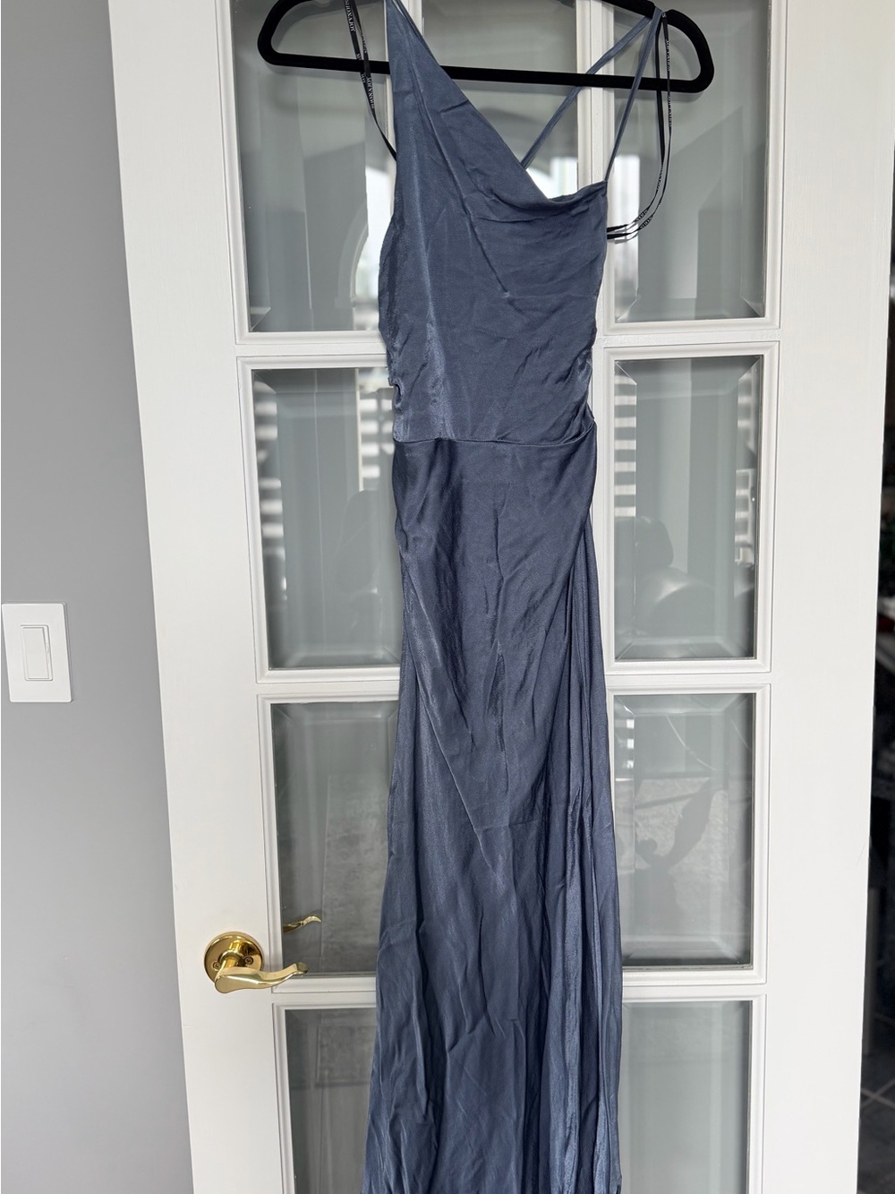 Shona Joy Slate Blue Satin One-Shoulder Maxi Dress